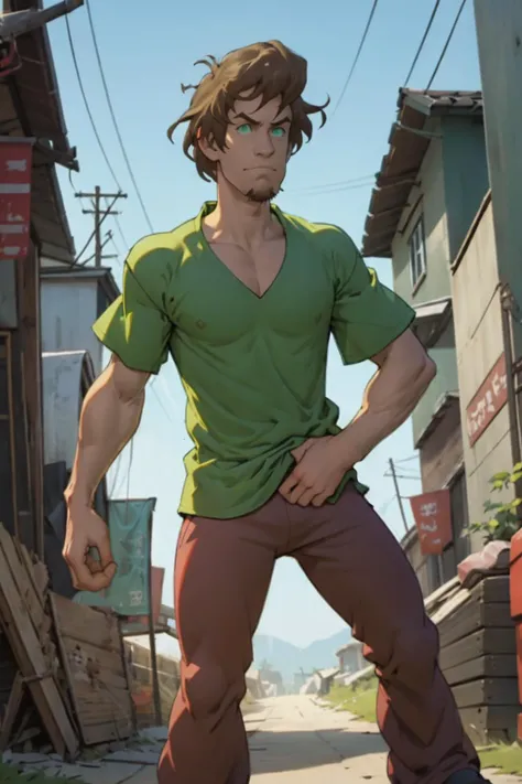best quality, Mature male, Looking straight at the camera, <lora:Shaggy2V4:.8> shaggy rogers , green shirt, brown hair, goatee, brown pants, brown-green eyes