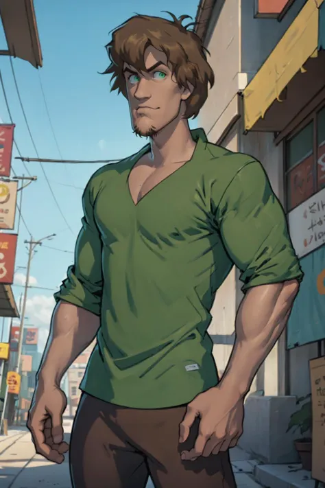 best quality, Mature male, Standing, <lora:Shaggy2V4:.8> shaggy rogers , green shirt, brown hair, goatee, brown pants, brown-green eyes