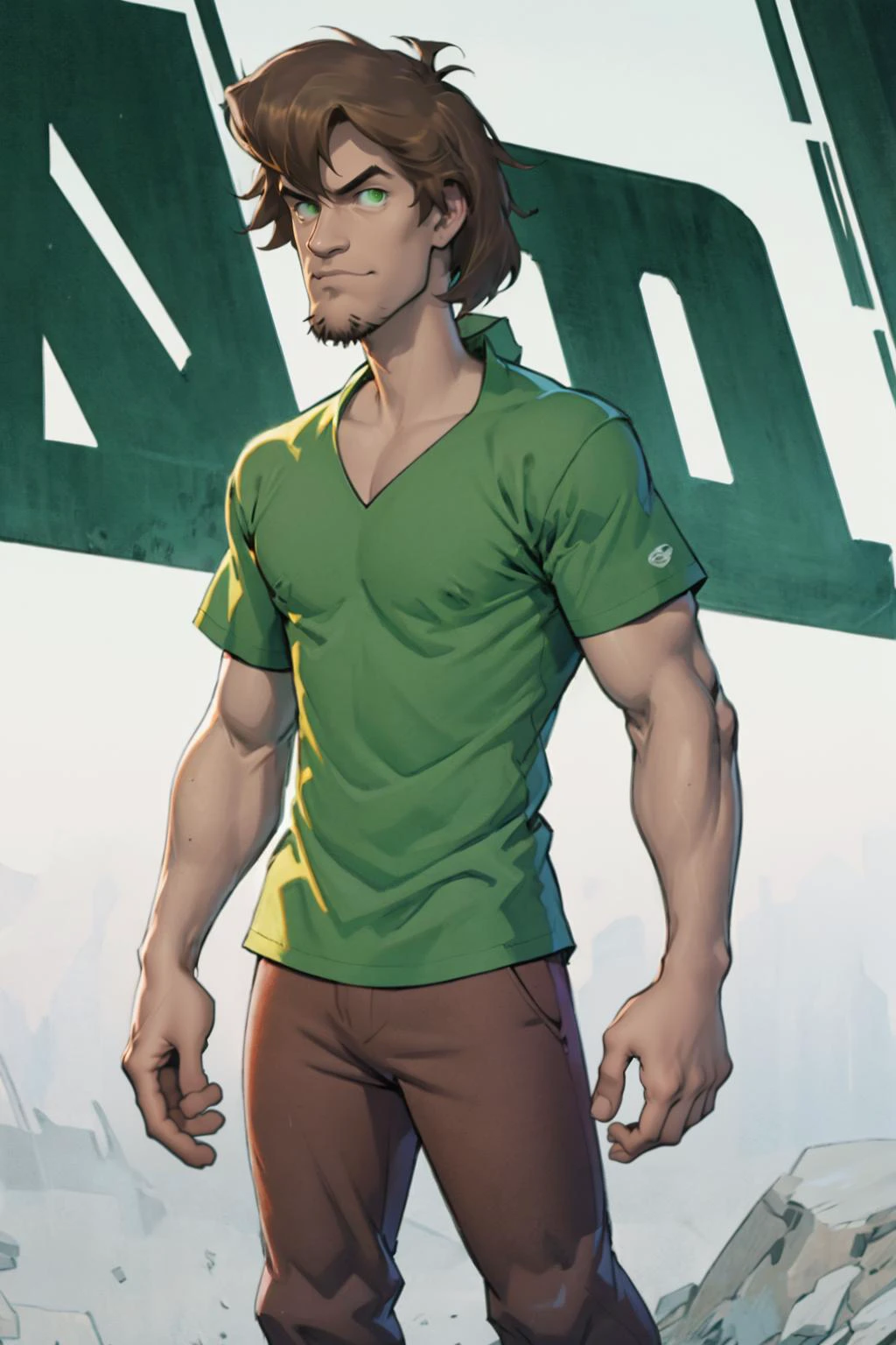 best quality, Mature male, Mid-range, <lora:Shaggy2V4:.8> shaggy rogers , green shirt, brown hair, goatee, brown pants, brown-green eyes