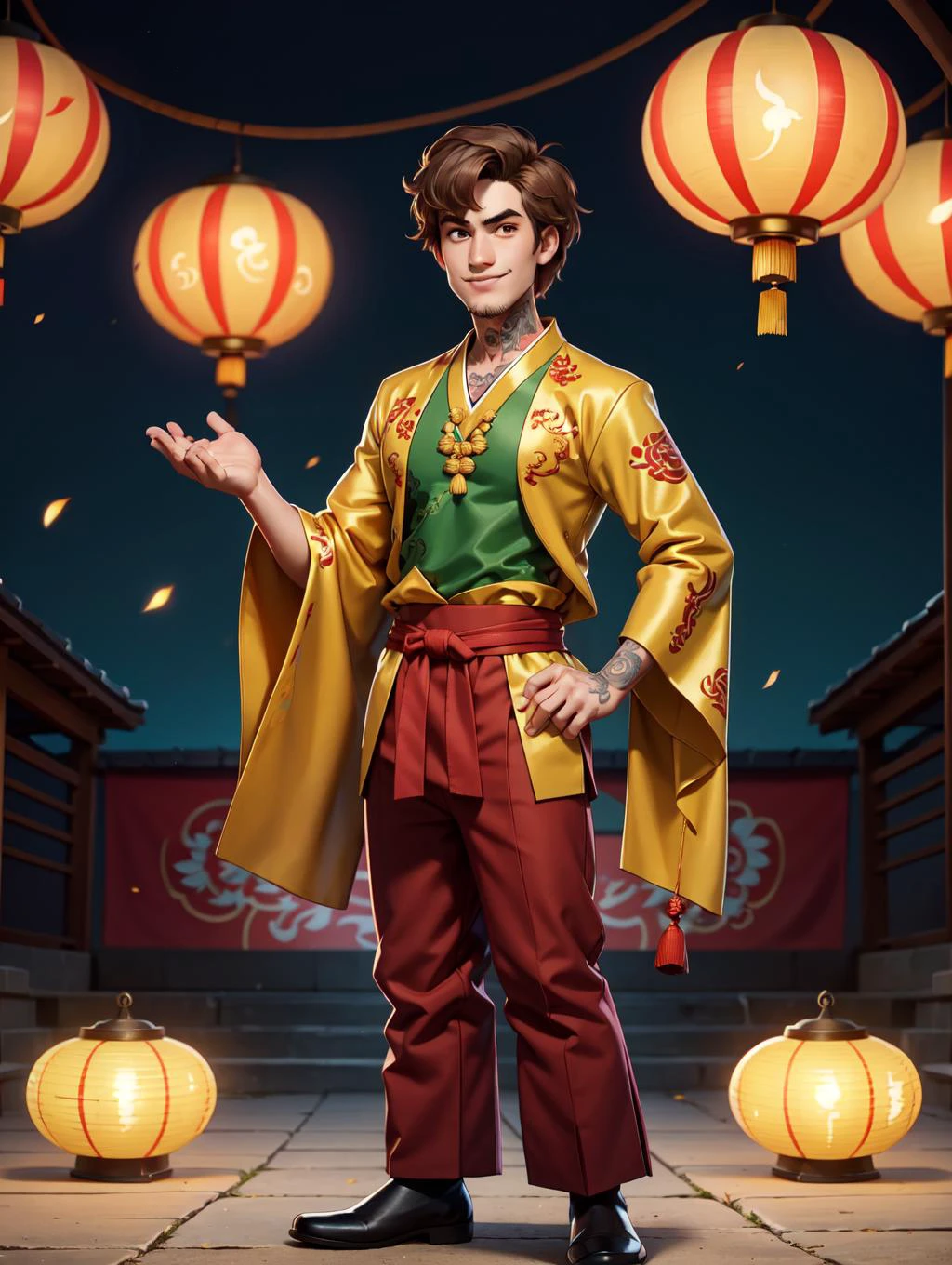 looking at viewer, Amidst the Chinese New Year festivities of the Dragon, a (handsome young man:1.1)( dons traditional attire:1.5). His clothing reveals chiseled muscles and tattoos, with a red shirt featuring golden dragon embroidery and snug, red trousers adorned with fireworks motifs. Completing the look are golden shoes.
he stands against a backdrop of gleaming red and gold lanterns on a stage filled with music and firecrackers. The man's tattoos, depicting dragons and Chinese symbols, underscore his cultural connection. With a radiant smile, he extends blessings for the year ahead, encapsulating the spirit of joy and community celebration. His masculine, youthful, and tender features exude warmth and charm, adding to the festive atmosphere of the occasion,
<lora:GoodHands-beta2:0.8>, dynamic pose,
<lora:Shaggy2V4:0.6> shaggy rogers , green shirt, brown hair, goatee, brown pants, brown-green eyes, masterpiece, 4k, high quality, highres, absurdres,