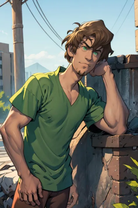 best quality, Mature male, head tilted to the side, <lora:Shaggy2V4:.8> shaggy rogers , green shirt, brown hair, goatee, brown pants, brown-green eyes