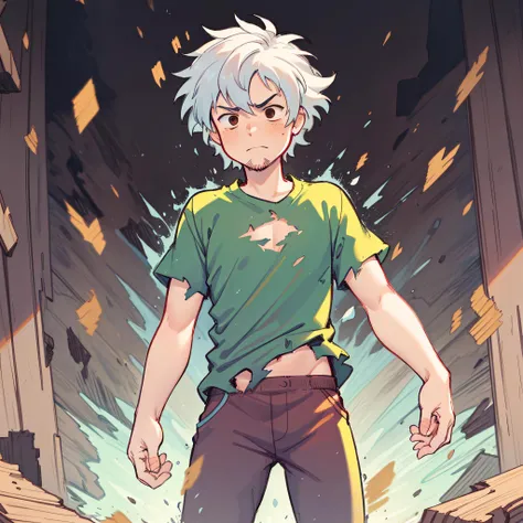 ((masterpiece, best quality)),1boy, solo, shaggy rogers , cowboy shot, green shirt, white hair, brown eyes , goatee, brown pants, <lora:Shaggy2V4:0.6>, aura, torn clothes, destroyed background