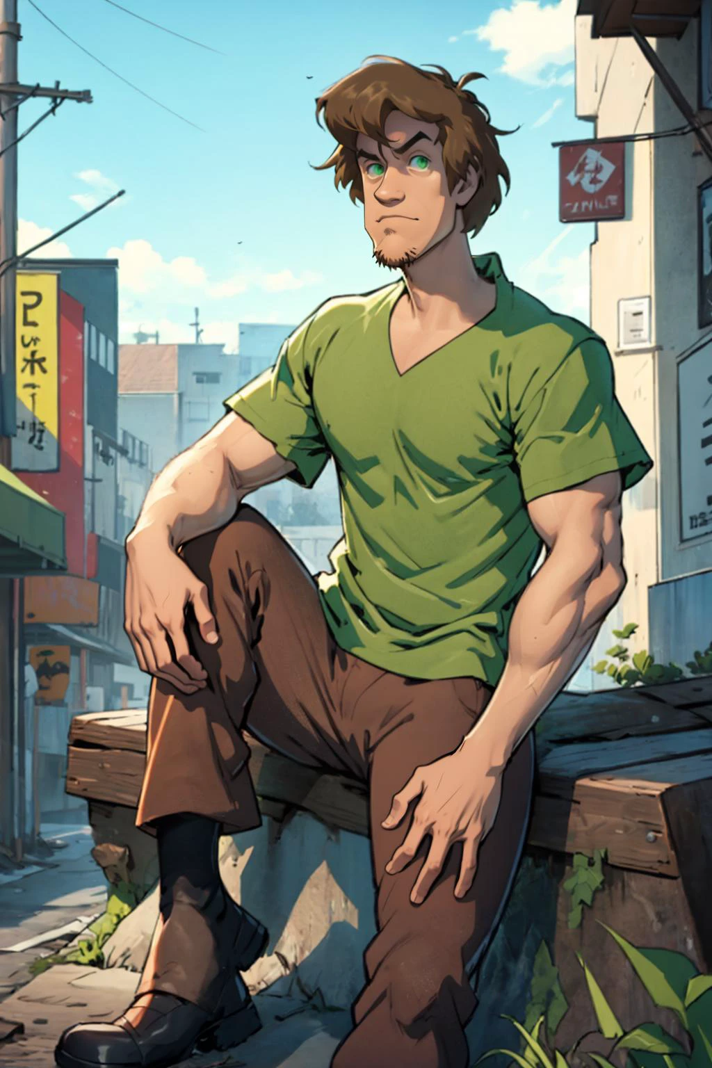 best quality, Mature male, propped up on one elbow (resting), <lora:Shaggy2V4:.8> shaggy rogers , green shirt, brown hair, goatee, brown pants, brown-green eyes