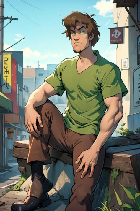 best quality, Mature male, propped up on one elbow (resting), <lora:Shaggy2V4:.8> shaggy rogers , green shirt, brown hair, goatee, brown pants, brown-green eyes