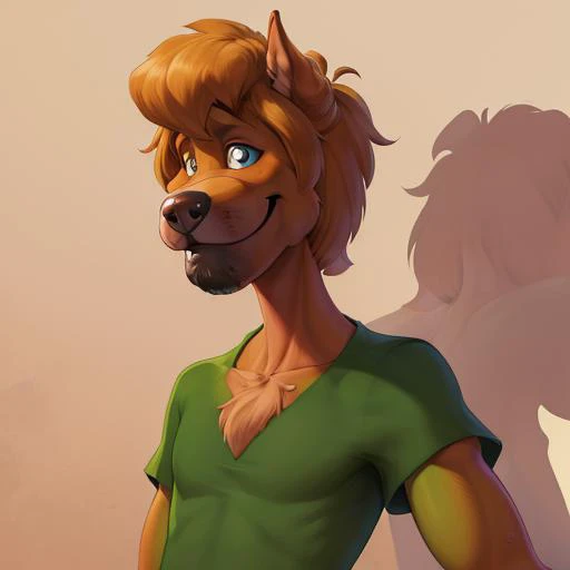 (masterpiece),(best quality),((ultra-detailed)),(illustration), perfect anatomy, <lora:TheGooder_shaggy-1:0.8:MIDD> Shaggy Rogers, green short sleeves, smile, full body, Great Dane,solo,snout, blue pants,