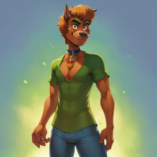 (masterpiece),(best quality),((ultra-detailed)),(illustration), perfect anatomy, <lora:TheGooder_shaggy-1:0.6:MIDD> Shaggy Rogers, green short sleeves, full body, Great Dane,(solo:1),snout, blue pants, brown skin, smile, blue choker, thick_eyebrows,black eyes, stubble,