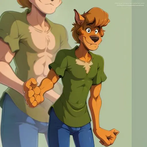 (masterpiece),(best quality),((ultra-detailed)),(illustration), perfect anatomy, <lora:TheGooder_shaggy-1:0.8:MIDD> Shaggy Rogers, green short sleeves, smile, full body, Great Dane,solo,snout, blue pants, brown skin,