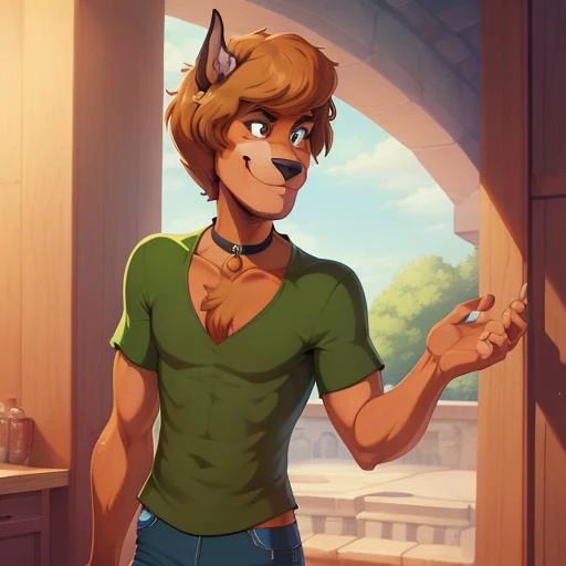 (masterpiece),(best quality),((ultra-detailed)),(illustration), perfect anatomy, <lora:TheGooder_shaggy-1:0.6:MIDD> Shaggy Rogers, green short sleeves, full body, Great Dane,(solo:1),snout, blue pants, brown skin, smile, blue choker,black eyes, stubble,