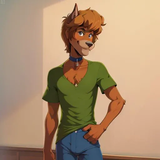(masterpiece),(best quality),((ultra-detailed)),(illustration), perfect anatomy, <lora:TheGooder_shaggy-1:0.6:MIDD> Shaggy Rogers, green short sleeves, full body, Great Dane,(solo:1),snout, blue pants, brown skin, smile, blue choker,black eyes, stubble,