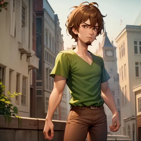 ((masterpiece, best quality)),1boy, solo, shaggy rogers , cowboy shot, green shirt, brown hair, brown eyes , goatee, brown pants,  <lora:Shaggy2V4:0.6>,