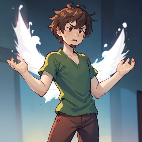 ((masterpiece, best quality)),1boy, solo, shaggy rogers , cowboy shot, green shirt, brown hair, brown eyes , goatee, brown pants, <lora:Shaggy2V4:0.6>, aura,