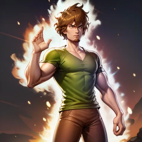 solo, 1boy, male focus, brown hair, shirt,5% power level,ultra instinct mode,blue flame aura around body,close up,face focus,portrait, <lora:Shaggy_RogersSD:1>