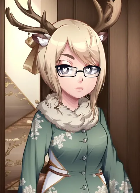 ((best quality)), ((highly detailed)), masterpiece, extremely detailed face, beautiful face, (detailed eyes, deep eyes), (1girl), (glasses), upper body, -((deer girl)), deer ears, deer tail, <lora:deerantlers-12:1>, dearantlers, large deer antlers, fur coat, (inside, at a hallway), <lora:hp-style:1>, heart-shaped pupils, symbol-shaped pupils