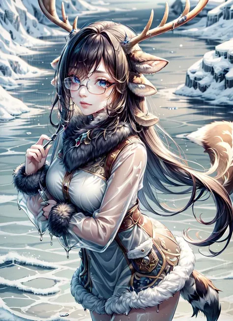 ((best quality)), ((highly detailed)), absurdres, (detailed eyes, deep eyes), <lora:more_details:.5>, (1girl), (glasses), dynamic pose, cowboy shot, (((wide shot))), -((deer girl)), deer ears, deer tail, <lora:deerantlers-12:1>, dearantlers, large deer antlers, fur coat, (outside, at a lake, wet hair, midday), <lora:frosted-style-richy-v1:1>, frostedstyle