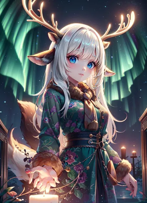 ((best quality)), ((highly detailed)), absurdres, extremely detailed face, beautiful face, (detailed eyes, deep eyes), (1girl), cowboy shot, -((deer girl)), deer ears, deer tail, <lora:deerantlers-12:1>, dearantlers, large deer antlers, fur coat, (outdoors, at an altar, afternoon), <lora:aurora-style-richy-v1:1>, aurorastyle, aurora