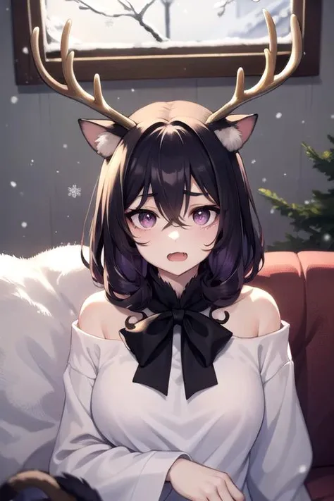 1girl, (catgirl, cat ears, cat tail, (purple-gold gradient eyes), purple-black hair, fang, open mouth, short hair, curly hair), medium breasts, hair between eyes, crossed bangs, neck ribbon, winter, snow, snowy, highly detailed background scene, sexy pose, indoors, sofa, fireplace, window, cozy, exposed shoulders,
portrait, 
oversized t-shirt, 
warm,
under a blanket,
<lora:deerantlers:1.00>,
dearantlers, deer antlers, horns,