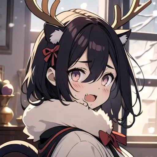 (catgirl, cat ears, cat tail, (purple-gold gradient eyes), purple-black hair, short hair, curly hair, open mouth, fang, blush, medium breasts, hair between eyes, crossed bangs, neck ribbon),(dearantlers, deer antlers, horns, winter, christmas, holidays, snow, decorations), mountain, snowing, standing[::3], underboob cutout, sleeveless dress,((see-through:0.6)_silhouette:1.2), fantasy outfit[::2], (best quality:0.8), sidelighting, close up, noon, 
<lora:deerantlers-12:1.00>, 
<lora:nijipretty_20230624235607:1.00>,