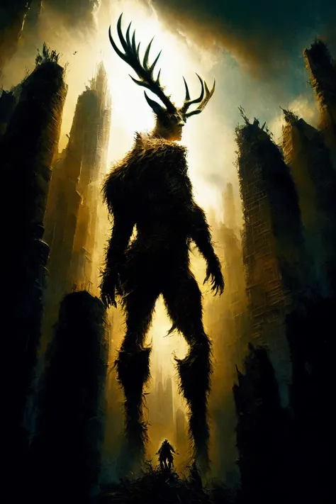 g_raphic, portrait of a giant titan walking on top of a city ((in environment)), unfriendly gaze, dramatic light, (((photo award winner))), <lora:deerantlers-12:1>, deerantlers, <lora:graphicNovelStyle_v1Bright:1>, from below,