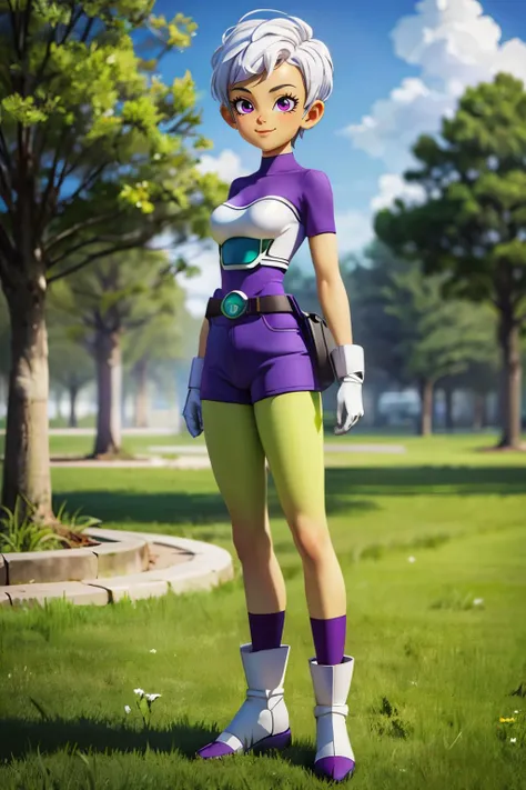 cheelai,very short hair,pink eyes,white hair,colored skin, green skin, white gloves,purple bodysuit,short sleeves,belt,saiyan armor,purple shorts, white boots, looking at viewer, smiling, full body shot, standing, outside, park, trees, grass, sunny, high quality, masterpiece, <lora:DBS_Cheelai_v3:.8>