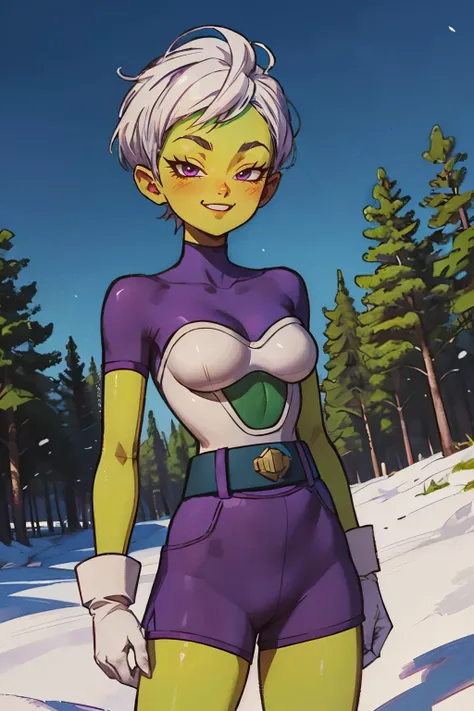 cheelai,very short hair,pink eyes,white hair,colored skin, green skin, white gloves,purple bodysuit,short sleeves,belt,saiyan armor,purple shorts, looking at viewer, smiling, medium shot, standing, outside, field, trees, winter, blue sky, high quality, masterpiece, <lora:DBS_Cheelai_v3:.8>