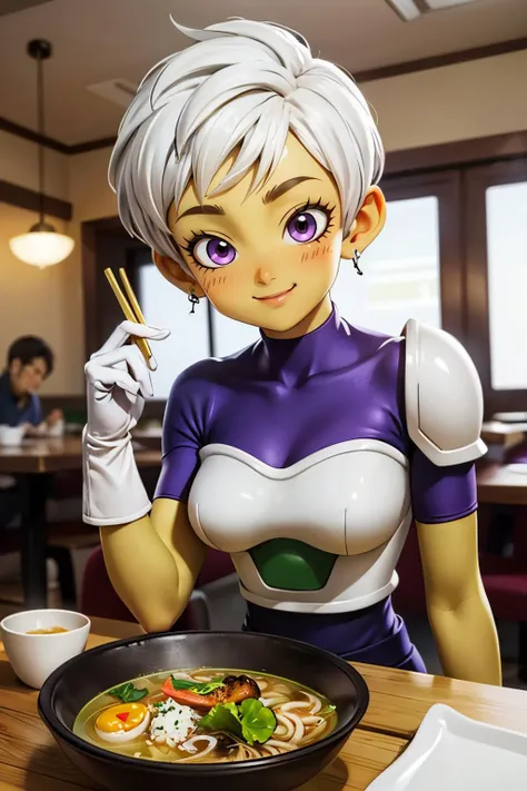 cheelai,very short hair,pink eyes,white hair,colored skin, green skin, white gloves,purple bodysuit,short sleeves,saiyan armor, looking at viewer, smiling, happy, blush,upper body shot, sitting, behind table, inside japanese restaurant, table full of food, soup, ramen, sake cup, high quality, masterpiece, <lora:DBS_Cheelai_v3:.8>