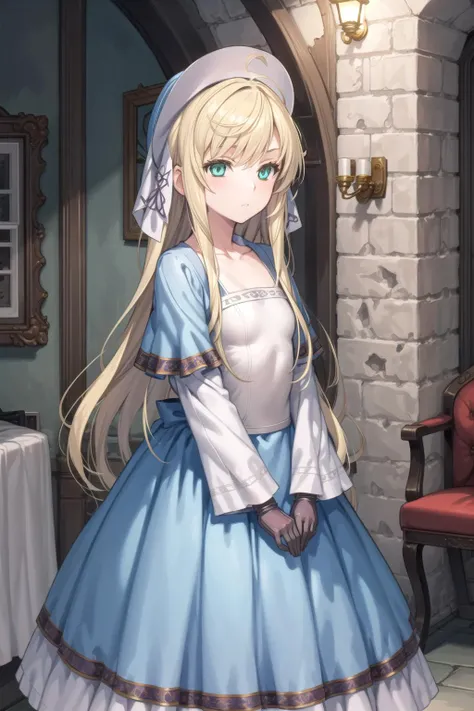 1girl, masterpiece, best quality, highly detailed, illustration, sheila helman, indoors, castle, stone walls, standing, dress, hat, gloves, serious, <lora:Sheila2:0.65>