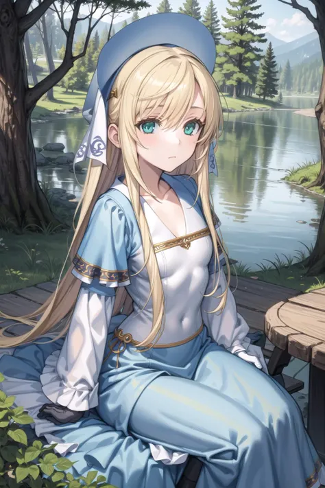 1girl, masterpiece, best quality, highly detailed, illustration, sheila helman, outdoors, forest, lake, sitting, dress, hat, gloves, :expressionless, <lora:Sheila2:0.6>