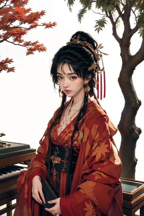 jyyv3, a woman in a kimono and a tree with red leaves on it's head and a piano in the background, 1girl, solo, black hair, jewelry, hair ornament, holding, book, leaf, upper body, earrings, bangs, necklace, chinese clothes, hanfu, long hair, maple leaf, closed mouth, hand fan,
Best quality,masterpiece,ultra high res,<lora:jyyå¤è£
v3:0.7>,