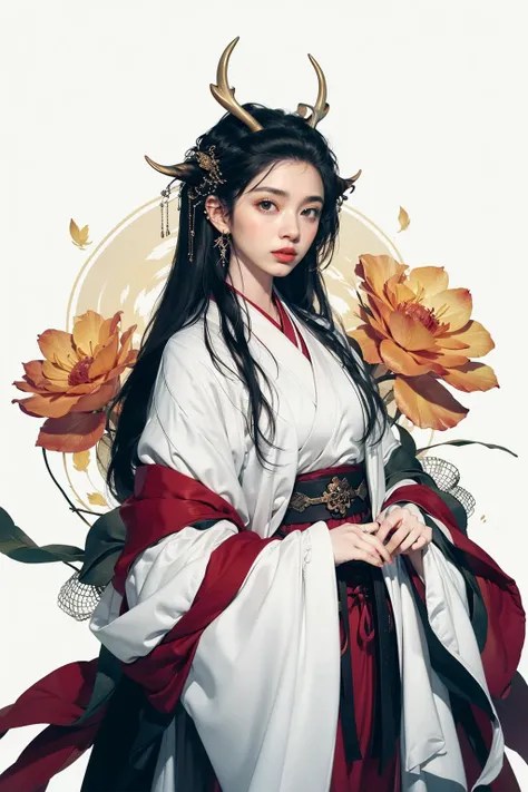 jyyv3,a woman in a kimono holding a flower and a feather in her hand,with a white background,1girl,black hair,solo,white background,hair ornament,sash,hanfu,long sleeves,red lips,horns,simple background,chinese clothes,antlers,flower,makeup,upper body,looking at viewer,long hair,tail,jewelry,updo,
Best quality,masterpiece,ultra high res,<lora:jyyå¤è£
v3:0.7>,