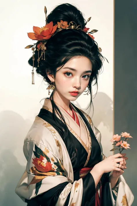 jyyv3, a woman with a fan and a mirror in her hand and a flower in her hair, wearing a kimono, 1girl, solo, hair ornament, jewelry, hand fan, black hair, earrings, red lips, hanfu, flower, holding, holding fan, chinese clothes, hair flower, looking at viewer, upper body, hair bun, paper fan, long sleeves, single hair bun, makeup,
Best quality,masterpiece,ultra high res,<lora:jyyå¤è£
v3:0.7>,