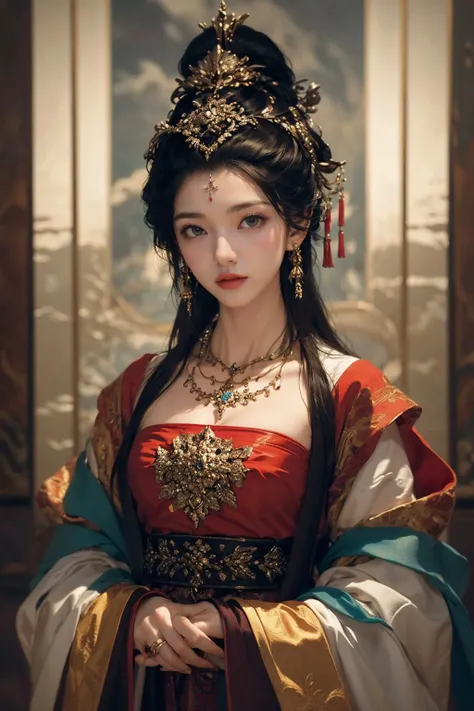 jyyv3,a woman in a costume with a large headpiece and a large necklace on her head and a red dress,1girl,jewelry,earrings,solo,necklace,red lips,black hair,hair ornament,makeup,hanfu,upper body,looking at viewer,lipstick,chinese clothes,updo,long sleeves,closed mouth,red dress,black eyes,gem,beads,dress,
Best quality,masterpiece,ultra high res,<lora:jyyå¤è£
v3:0.7>,