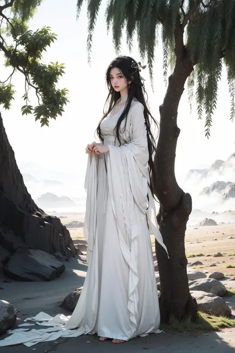 jyyv3, a woman in a white dress standing in a forest with a tree in the background and a bird in her hand, 1girl, long hair, solo, umbrella, dress, black hair, white dress, hanfu, chinese clothes, hair ornament, tree, full body, long sleeves, holding, water, forehead mark, see-through,
Best quality,masterpiece,ultra high res,<lora:jyyå¤è£
v3:0.7>,
