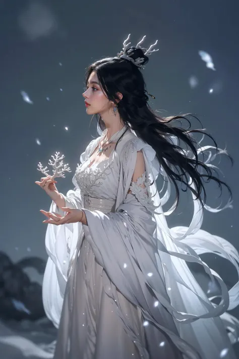 jyyv3, a woman in a white dress holding a flower in her hand and a snowflake in her hand, 1girl, long hair, jewelry, dress, hair ornament, black hair, earrings, solo, upper body, white dress, from side, chinese clothes
Best quality,masterpiece,ultra high res,<lora:jyyå¤è£
v3:0.7>,