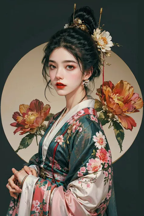 a woman with a fan and a mirror in her hand and a flower in her hair, wearing a kimono, 1girl, solo, hair ornament, jewelry, hand fan, black hair, earrings, red lips, hanfu, flower, holding, holding fan, chinese clothes, hair flower, looking at viewer, upper body, hair bun, paper fan, long sleeves, single hair bun, makeup, lipstick, norfleetï¼
Best quality,masterpiece,ultra high res,<lora:jyy:0.7>,