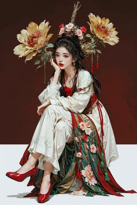 a woman in a dress with a fan and flowers on her head sitting on a wall with a red shoe, 1girl, crossed legs, solo, hair ornament, flower, sitting, jewelry, earrings, black hair, red footwear, full body, long sleeves, shoes, white background, chinese clothes, holding, red flower, hair flower, dress, shoe dangle, makeup, red lips, looking at viewer, lipstick, simple background, brown eyes, hair stick, closed mouth, hanfu, hair bun, lips, tassel, single hair bun, rose, norfleetï¼
Best quality,masterpiece,ultra high res,<lora:jyy:0.7>,