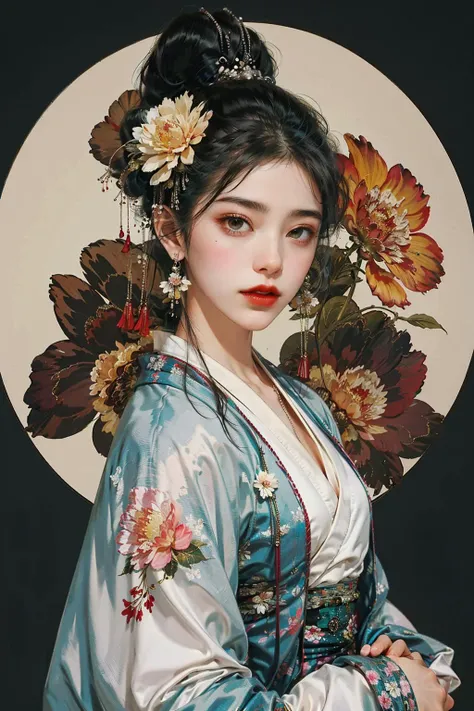 a woman with a fan and a mirror in her hand and a flower in her hair, wearing a kimono, 1girl, solo, hair ornament, jewelry, hand fan, black hair, earrings, red lips, hanfu, flower, holding, holding fan, chinese clothes, hair flower, looking at viewer, upper body, hair bun, paper fan, long sleeves, single hair bun, makeup, lipstick, norfleetï¼
Best quality,masterpiece,ultra high res,<lora:jyy:0.7>,