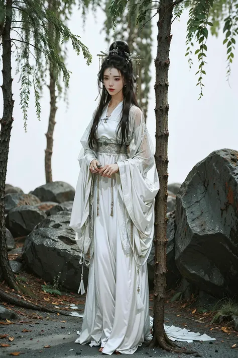 a woman in a white dress standing in a forest with a tree in the background and a bird in her hand, 1girl, long hair, solo, umbrella, dress, black hair, white dress, hanfu, chinese clothes, hair ornament, tree, full body, long sleeves, holding, water, forehead mark, see-through, jewelry, snake, sash, norfleetï¼
Best quality,masterpiece,ultra high res,<lora:jyy:0.7>,