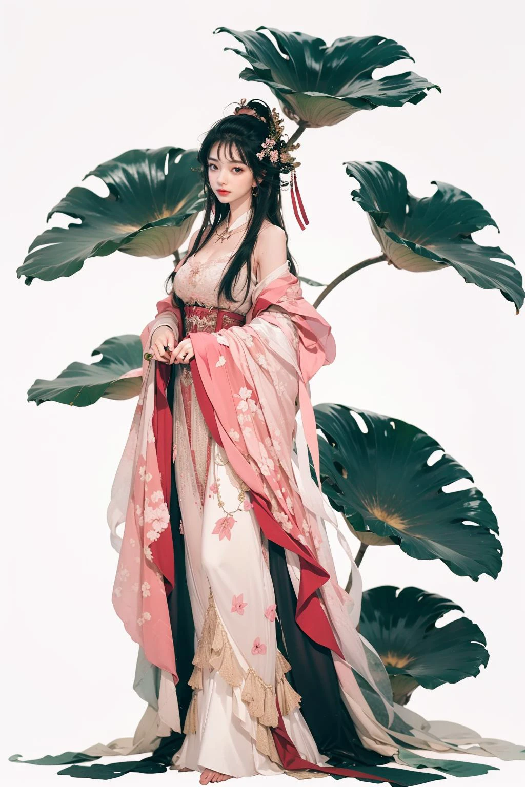 jyyv3, a woman in a long dress holding a flower in her hand and a leaf in her other hand, with a pink background, hanfu, 1girl, shawl, holding, hagoromo, long sleeves, black hair, sash, chinese clothes, sleeves past fingers, solo, water, wide sleeves, long hair, standing, full body, hair bun, sleeves past wrists, leaf, lily pad, hand up, ribbon, lotus, bangs, flower, closed mouth,
Best quality,masterpiece,ultra high res,<lora:jyyå¤è£
v3:0.7>,