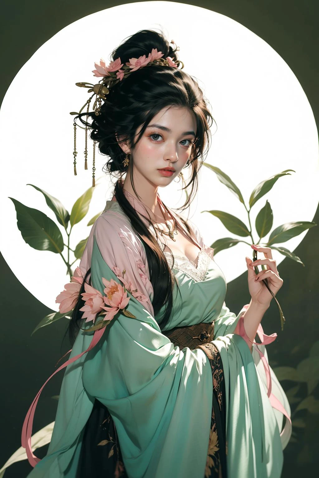 jyyv3,a woman in a green dress with a flower crown on her head and a bird on her shoulder,holding a string,1girl,green dress,flower,solo,closed eyes,black hair,holding,dress,branch,long sleeves,chinese clothes,hair ornament,hair bun,hanfu,jewelry,string,pink flower,single hair bun,
Best quality,masterpiece,ultra high res,<lora:jyyå¤è£
v3:0.7>,
