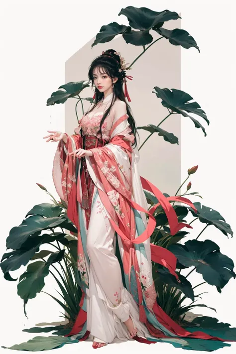 jyyv3, a woman in a long dress holding a flower in her hand and a leaf in her other hand, with a pink background, hanfu, 1girl, shawl, holding, hagoromo, long sleeves, black hair, sash, chinese clothes, sleeves past fingers, solo, water, wide sleeves, long hair, standing, full body, hair bun, sleeves past wrists, leaf, lily pad, hand up, ribbon, lotus, bangs, flower, closed mouth,
Best quality,masterpiece,ultra high res,<lora:jyyå¤è£
v3:0.7>,