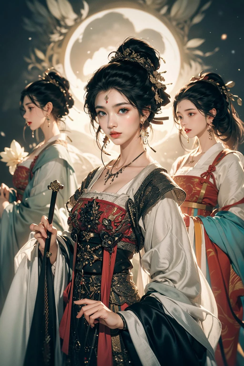 jyyv3, a woman in a costume holding a sword and a sword in her hand with other women behind her and a background of light, red lips, jewelry, hanfu, earrings, multiple girls, makeup, hair ornament, chinese clothes, updo, long sleeves, looking at viewer, lipstick, black hair, ribbon, solo focus, wide sleeves, robe, hair stick, closed mouth, tassel, shawl, eyeshadow, 3girls, hair bun
Best quality,masterpiece,ultra high res,<lora:jyyå¤è£
v3:0.7>,