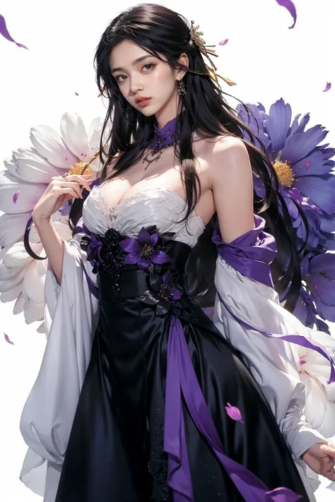 jyyv3, a woman with long hair and a purple dress holding a fan in her hands, with long hair flowing down her face, 1girl, long hair, solo, black hair, flower, petals, bouquet, white background, purple eyes, holding, dress, skirt, simple background, looking at viewer
Best quality,masterpiece,ultra high res,<lora:jyyå¤è£ v3:0.7>,