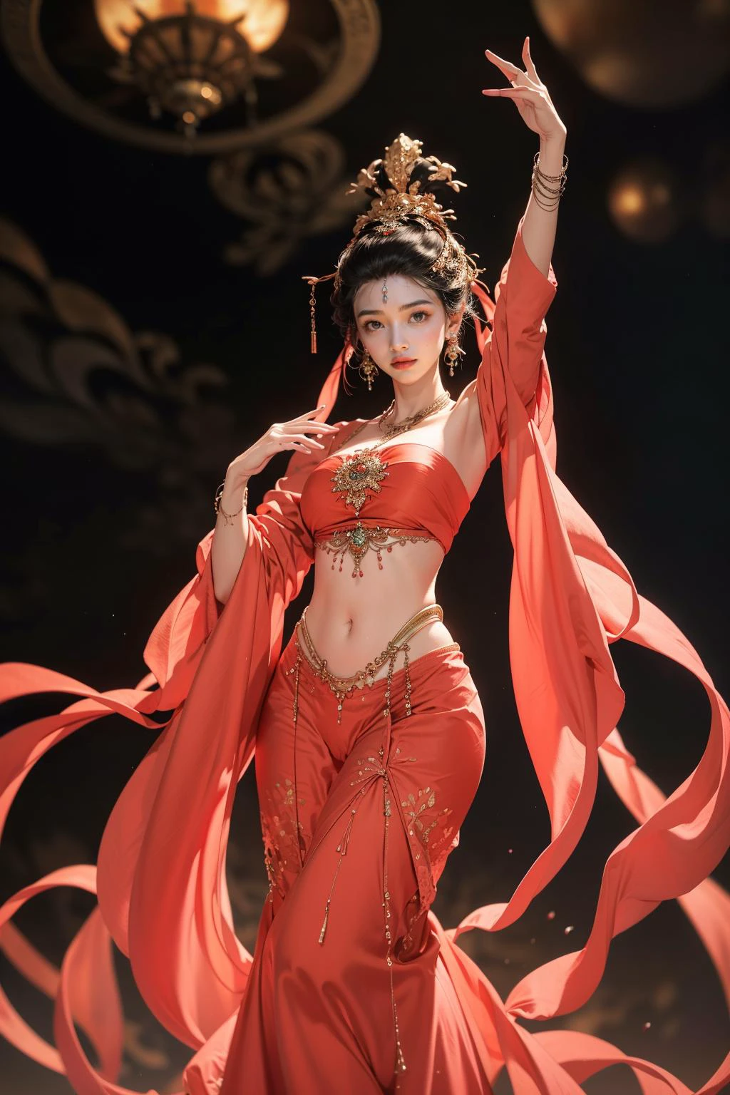 jyyv3, a woman in a red dress with a red headdress and a red shawl is dancing with her arms outstretched, 1girl, jewelry, solo, necklace, hair ornament, bracelet, arms up, black hair, strapless, tube top, dancing, shawl, earrings, midriff, ribbon, navel, detached sleeves, breasts, chinese clothes
Best quality,masterpiece,ultra high res,<lora:jyyå¤è£
v3:0.7>,