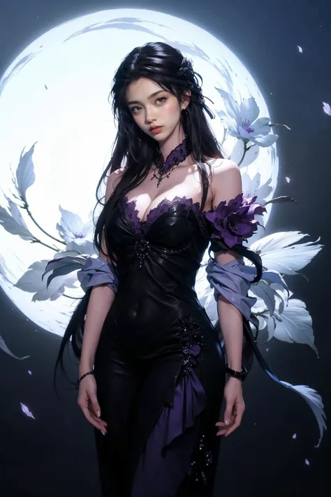 jyyv3, a woman with long hair and a purple dress holding a fan in her hands, with long hair flowing down her face, 1girl, long hair, solo, black hair, flower, petals, bouquet, white background, purple eyes, holding, dress, skirt, simple background, looking at viewer
Best quality,masterpiece,ultra high res,<lora:jyyå¤è£
v3:0.7>,