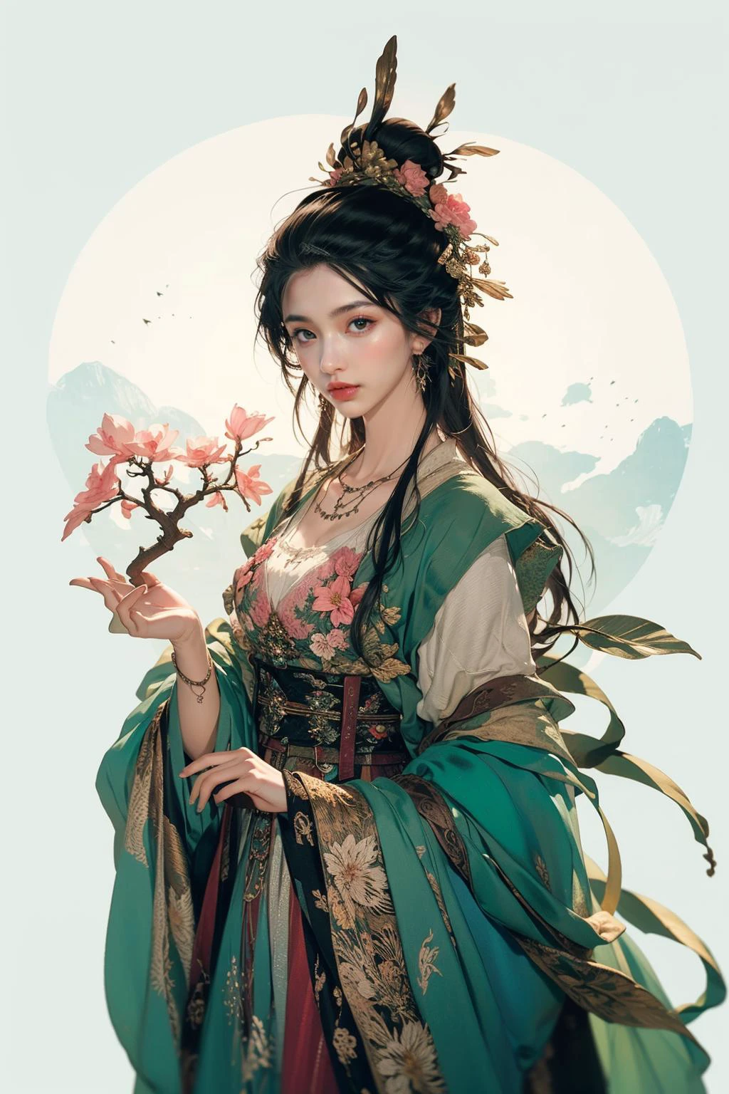 jyyv3, a woman in a green dress with a flower crown on her head and a bird on her shoulder, holding a string, 1girl, green dress, flower, solo, closed eyes, black hair, holding, dress, branch, long sleeves, chinese clothes, hair ornament, hair bun, hanfu, jewelry, string, pink flower, single hair bun,
Best quality,masterpiece,ultra high res,<lora:jyyå¤è£
v3:0.7>,