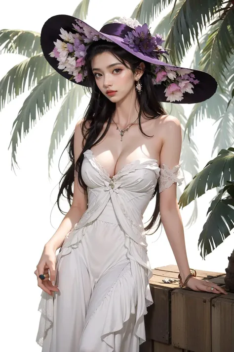 jyyv3, a woman in a purple dress and hat with flowers on her head and a palm tree behind her, with a white background, 1girl, dress, hat, jewelry, long hair, solo, purple dress, black hair, earrings, flower, sunglasses, bracelet, bare shoulders, white background, frilled dress, frills
Best quality,masterpiece,ultra high res,<lora:jyyå¤è£
v3:0.7>,