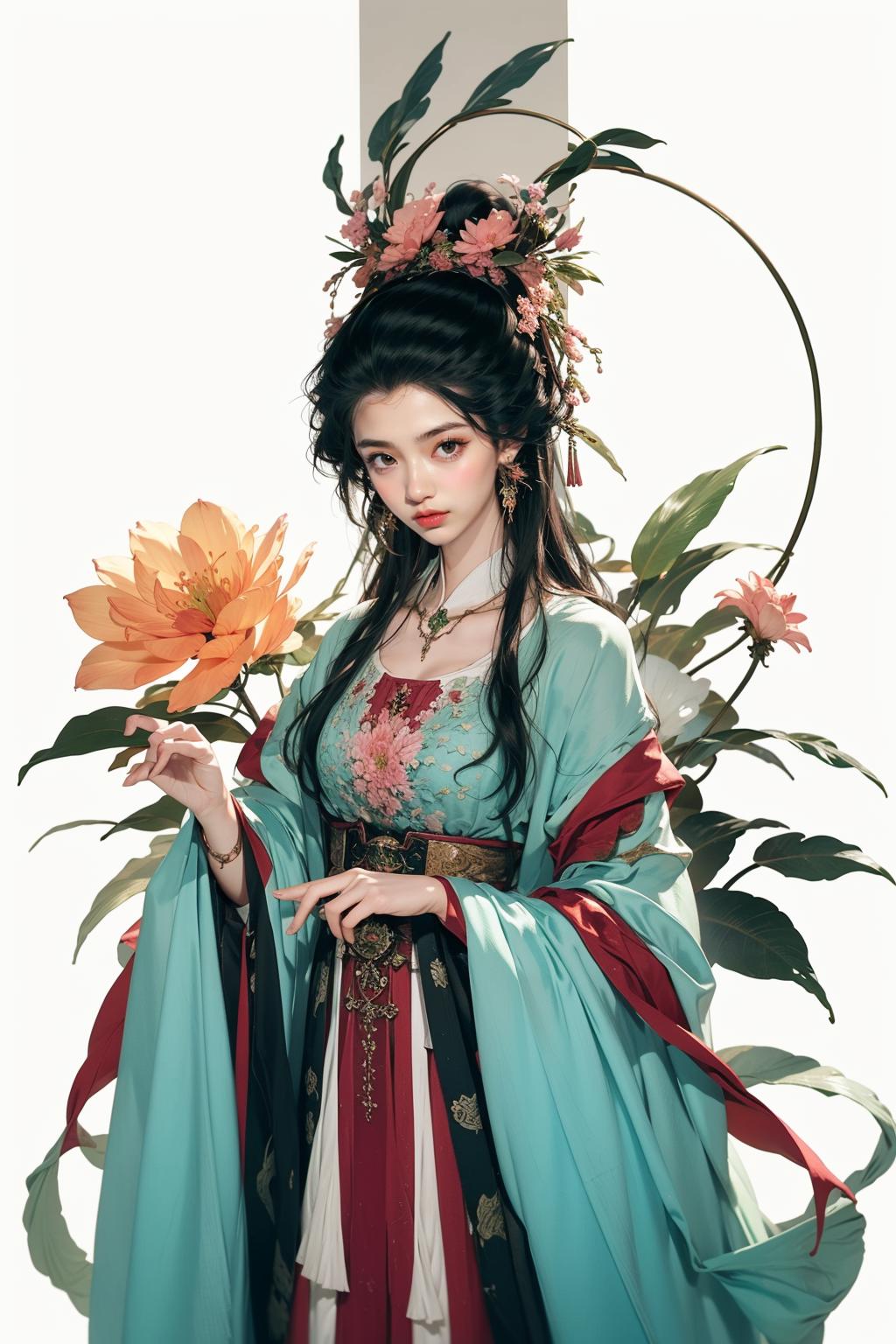 A woman in a blue and red dress holding a flower - SeaArt AI