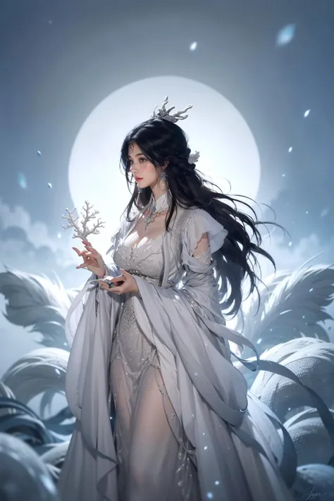 jyyv3, a woman in a white dress holding a flower in her hand and a snowflake in her hand, 1girl, long hair, jewelry, dress, hair ornament, black hair, earrings, solo, upper body, white dress, from side, chinese clothes
Best quality,masterpiece,ultra high res,<lora:jyyå¤è£
v3:0.7>,