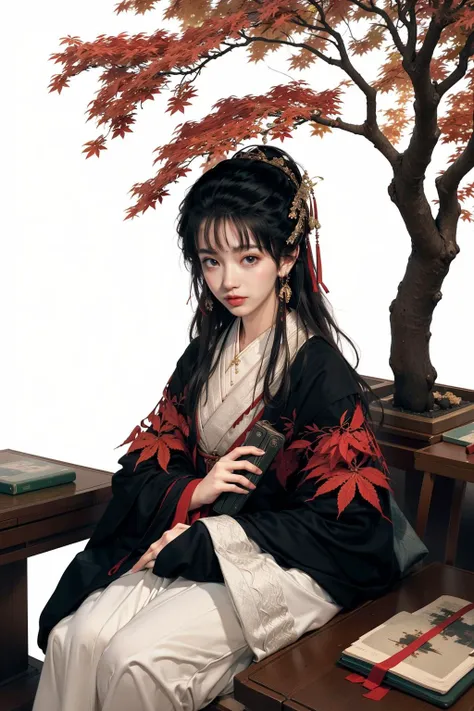 jyyv3, a woman in a kimono sitting under a tree with red leaves on it's branches and a book on a table, 1girl, black hair, solo, sitting, jewelry, hair ornament, chinese clothes, holding, book, hanfu, long hair, leaf, bangs, smile, earrings, long sleeves, branch
Best quality,masterpiece,ultra high res,<lora:jyyå¤è£
v3:0.7>,