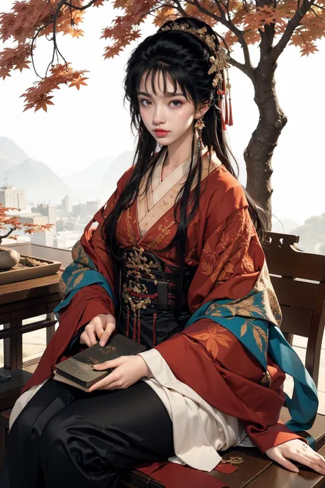 jyyv3, a woman in a kimono sitting under a tree with red leaves on it's branches and a book on a table, 1girl, black hair, solo, sitting, jewelry, hair ornament, chinese clothes, holding, book, hanfu, long hair, leaf, bangs, smile, earrings, long sleeves, branch
Best quality,masterpiece,ultra high res,<lora:jyyå¤è£ v3:0.7>,